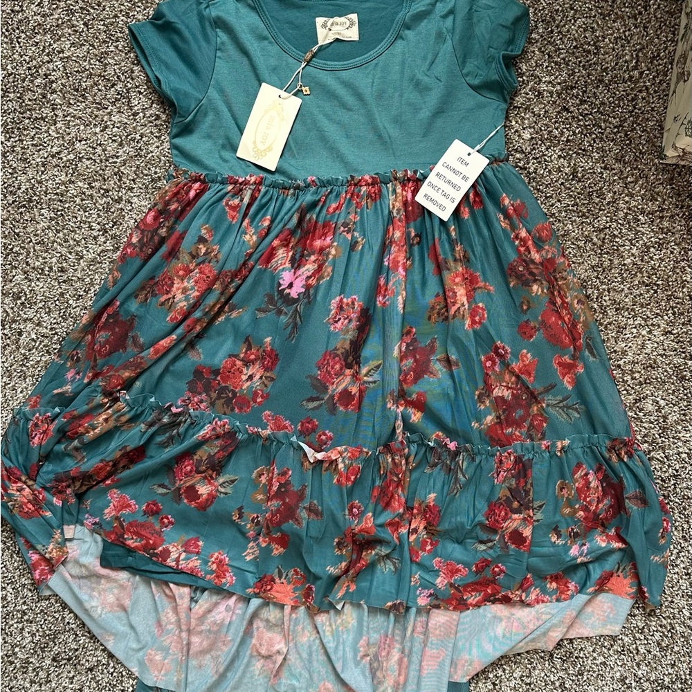 Elegant Floral Kids Dress in Teal
